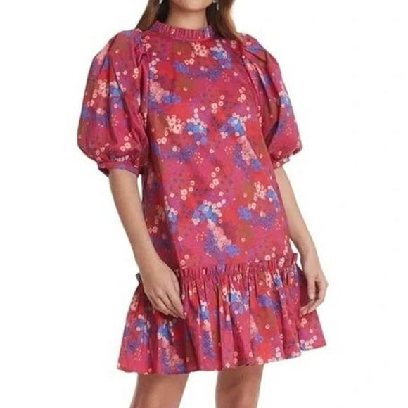 Tyler Boe Sammy Dress Large Red Wild Flowers Puff Sleeve Tiered Cottage Modest - Picture 1 of 14